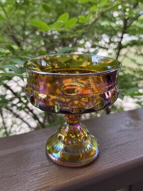 Vintage 70's Indiana 'Kings Crown' Harvest Gold Carnival Glass Compote